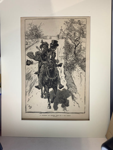 Fine Art Engraving: "An Elopement One Hundred Years Ago - A Hot Pursuit" 1883 Print Matted